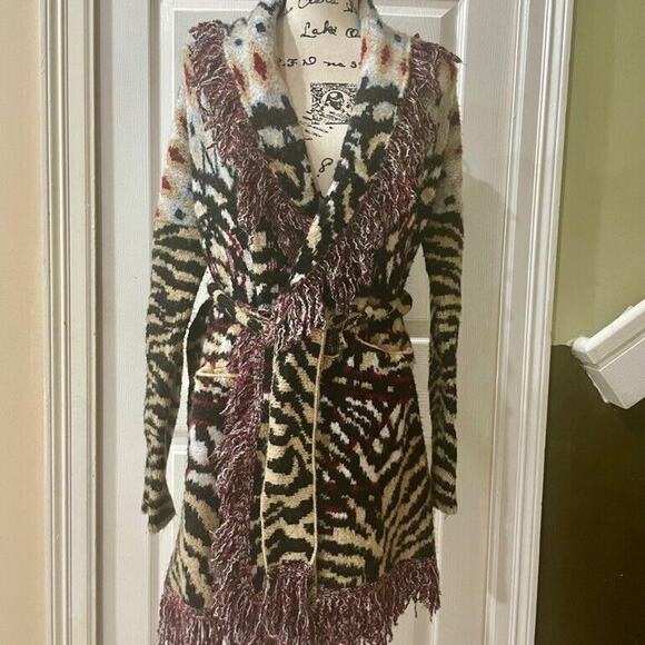 ANTHROPOLOGIE COAT SWEATER FRINGED PENNY LANE ANIMAL PRINT Sz S BOHO AESTHETIC - Picture 6 of 16